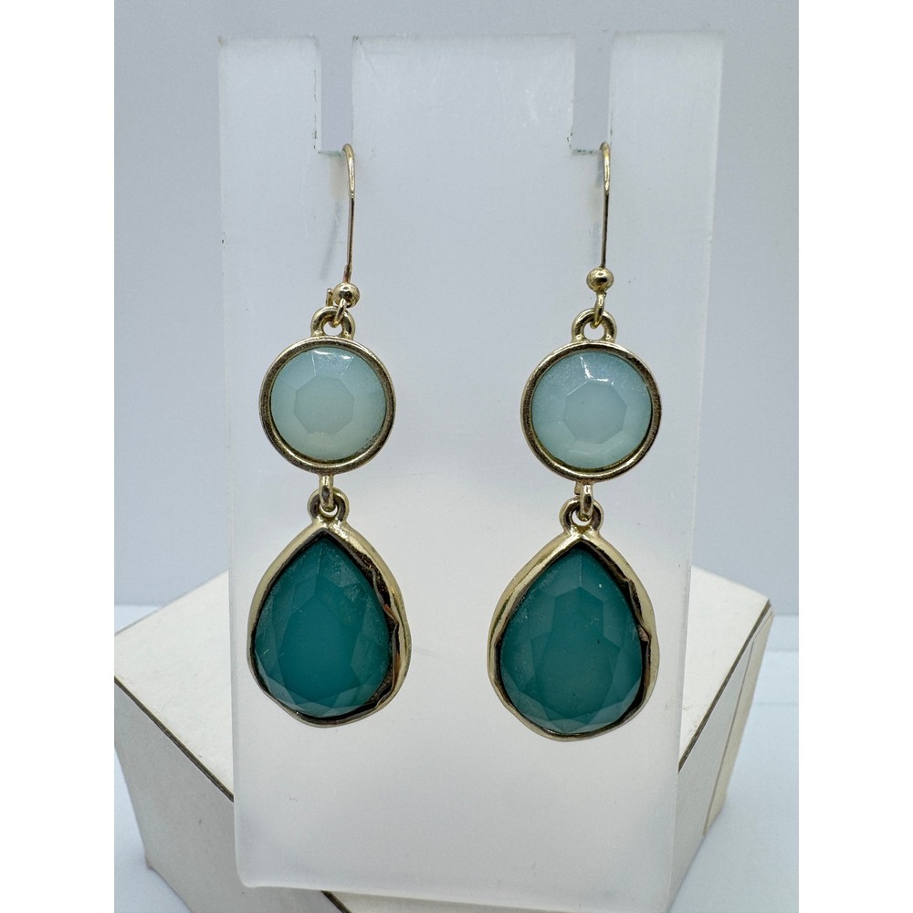 Teal Gold Tone Tiered Faceted Teardrop Drop Earrings Coastal Boho Dangle